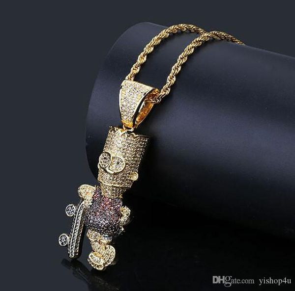 

18k gold plated cartoon simpson pendant necklace mens micro pave cubic zirconia simulated diamonds with 24inch rope chain gifts box, Silver