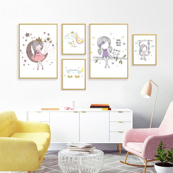 

pink princess детский холст стендовые девушки мультфильм луна облако стена печать нордик плакат стенописи фотографии детская decor room