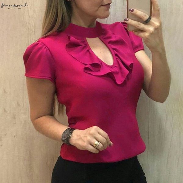 

2020 summer fashion casual solid ruffle blouse work ol tee female womens short sleeve shirt blusas clothing, White