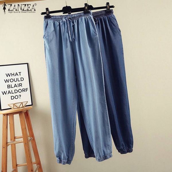 

2020 zanzea women's trousers fashion jeans pants solid harem pants female elastic waist denim blue long pantalon autumn palazzo, Black;white