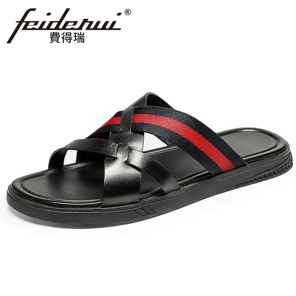 

vintage genuine leather man flat sandals summer comfortable male roman slippers daily outdoor men's breathable shoes fhs246, Black