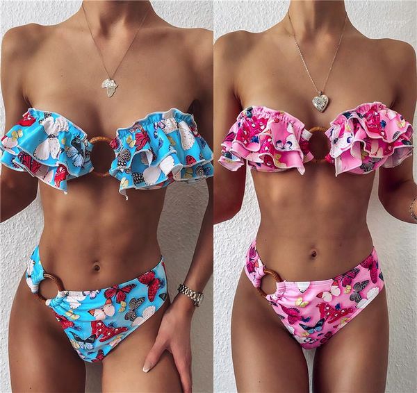 

women butterfly ruffle bikini sets fashion strapless slash neck floral swimsuits 20ss new summer swimwear for, White;black