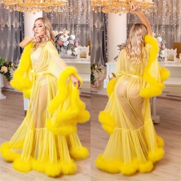 Donna Inverno Sexy Pelliccia sintetica Lady Sleepwear Kimono Donne incinte Accappatoio Camicia da notte trasparente Abito giallo Prom Scialle da damigella d'onore