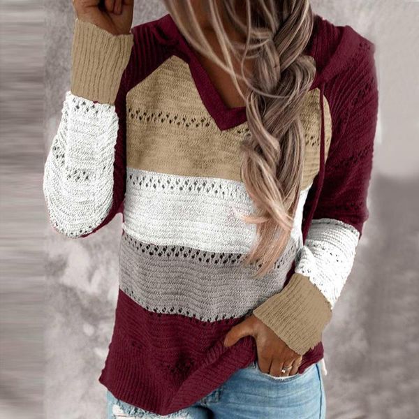 

stylish casual women autumn cotton blend long sleeve stripe patchwork knitted pullover hooded sweater, White;black