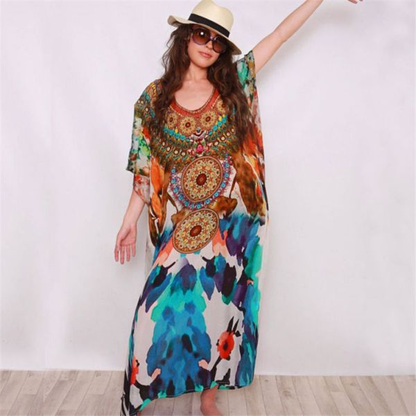 

2020 bohemian printed round neck bats sleeve loose summer beach dress plus size women beachwear maxi dress robe de plage n953, Black;gray