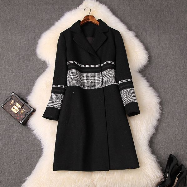 

2019 winter women's new suit collar diamond-encrusted bird plaid wool diamond wool loose small woolen coat coat t10467, Black