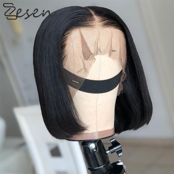 

zesen 8 inch short black lace front wig straight synthetic hair wig for black women high temperature fiber with baby hair