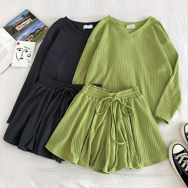 

summer casual knitting set women long sleeve o-neck t-shirt + high waist drawstring bkack green fashion short set, White