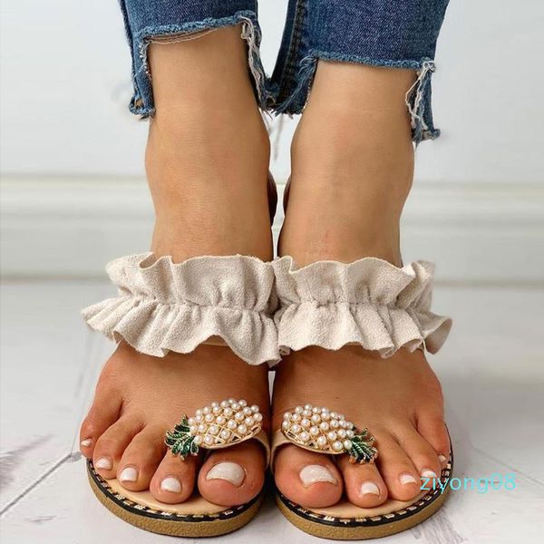 

women summer flat sandals pearl spilt toe slip on flip flops pineapple summer beach slides casual shoes house slippers 2020 z08, Black