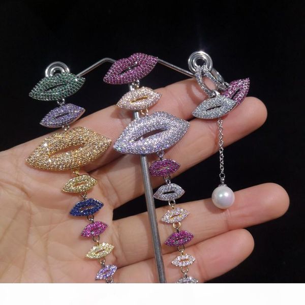 

shinning bling asymmetry lips drop earrings hip hop full cubic zirconia dangle earring women girl gift, Golden;silver