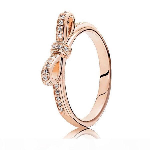 

l classic bow ring women cz diamond wedding rings sets original box for pandora 925 sterling silver bow -knot ring girl jewelry, Slivery;golden