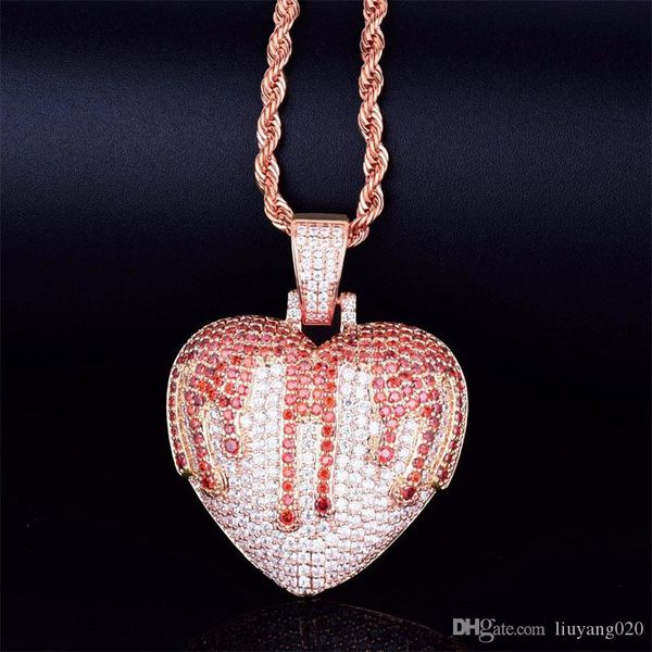 

shed blood heart necklace & pendant with rope chain gold silver color cubic zircon men's women hip hop jewelry gift