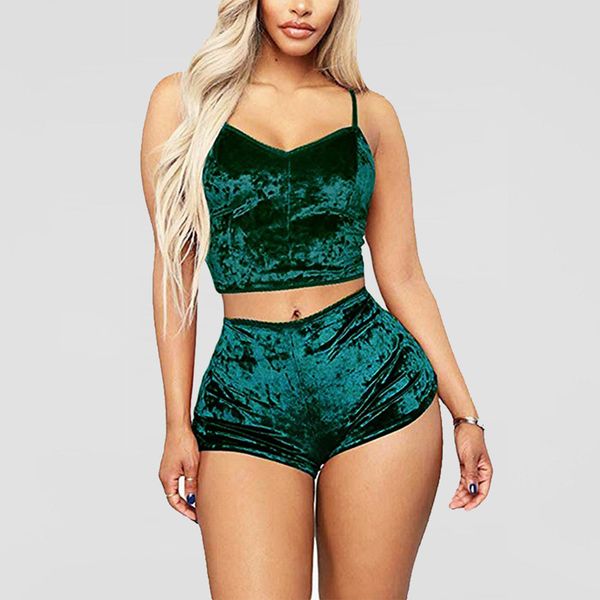 

new velvet sleepwear 2 piece outfit spaghetti strap sleeveless crop shorts set female pajama party set ropa interior, White;black