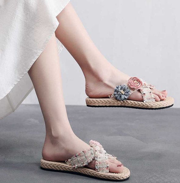 

ladies slippers 2020 summer weave flowers mixed colors flatform female slides leisure open toe soft sole beach women flip flops, Black