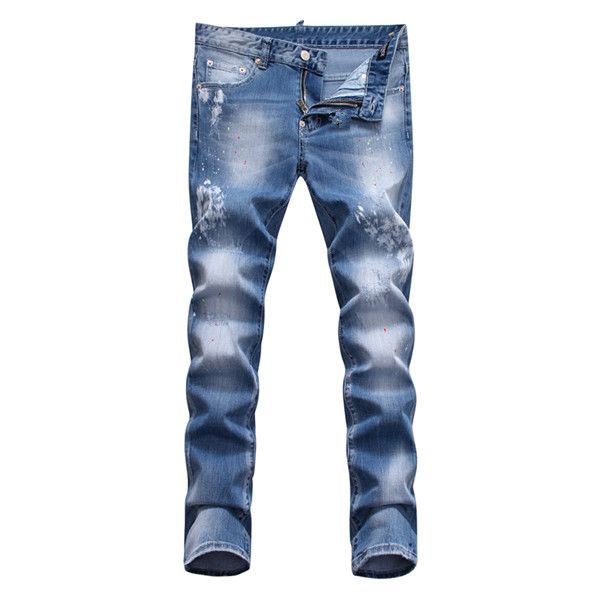 

2020 new trend light blue denim pants printed tight straight straight hole denim long section generous and comfortable
