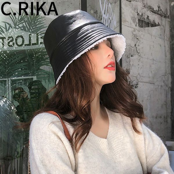 

2020 autumn winter men women pu leather bucket hat female japanese fashion fisherman hat bob boys girls warm plus velvet panama, Blue;gray