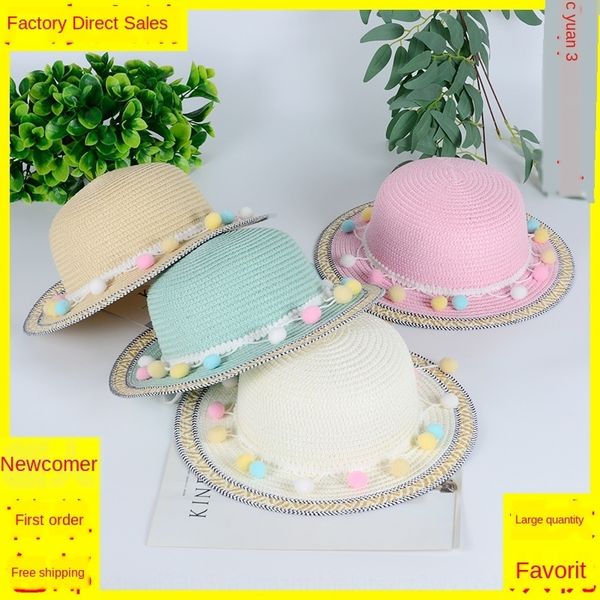 

new children's national straw national style colorful fur ball straw outdoor sun hat travel shooting all-match hat, Blue;gray