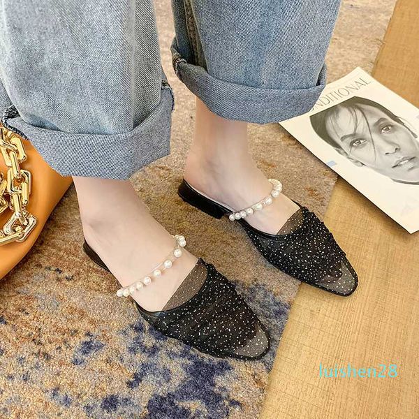 

shoes woman 2020 slippers women summer pantofle square heel string bead pointed toe luxury slides low new block designer flat l28, Black