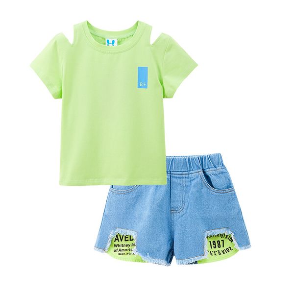 

clothing sets 2021 summer kids girls clothes set teen off-shoulder shirt and short pants children cotton sports two piece set, #9084, White