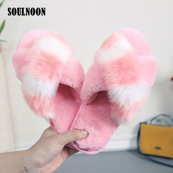 

women's winter warm slippers soft fluffy home slippers faux fur slides non-slip flats indoor house shoes furry slides for woman, Black