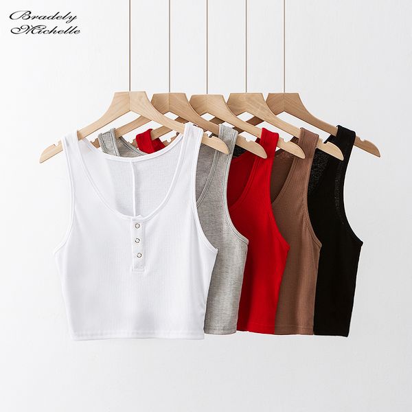 

bradely michelle women summer solid slim crop sleeveless o-neck cotton knitted tanks bar, White