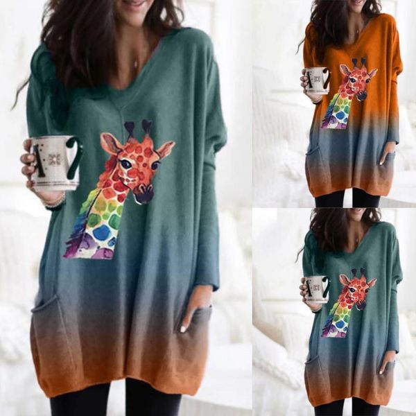 

38#women fashion v-neck tie-dye pocket long sleeves blouse gradient sweatshirt animal printing casual pullover blouse, White