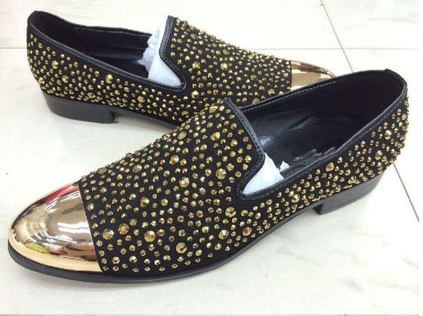 

dress shoes iron round gold rhinestone oxford for men casual low cut party wedding formal, Black