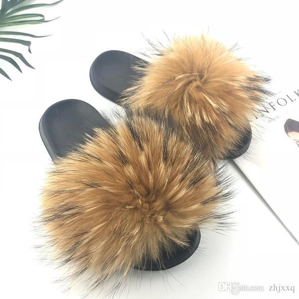 

slippers real fox fur women 2019 sliders casual fox hair flat fluffy fashion home summer big size 45 furry flip flops shoes, Black