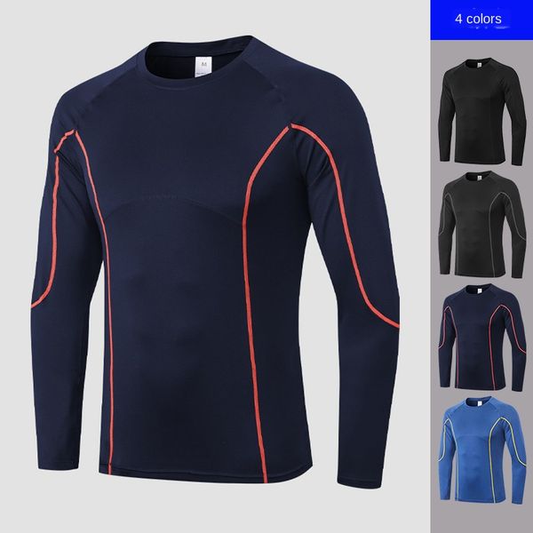 

men 's fitness long-sleeved tight quick-dry training sportswear ultra-stretch running wicking t-shirt breathable workout top, Black;blue