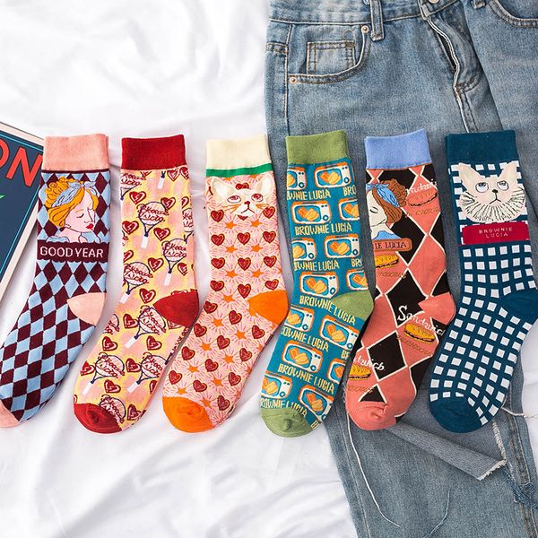 

new explosive japanese mid-length socks lolita cute cartoon cotton socks, Black;white