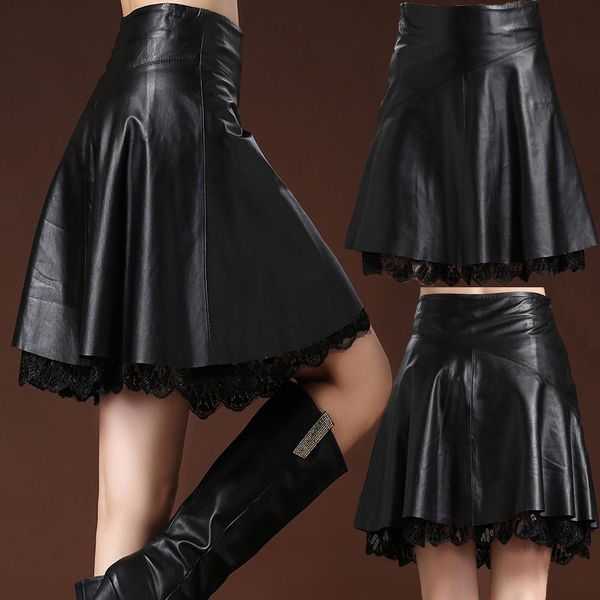 

women skirt pu faux leather mini skirt with lace a-line fashion slim causal solid high waist ladies elegant skirts q100, Black