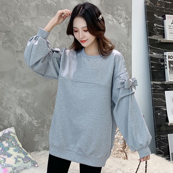 

2020 spring and autumn maternity clothes new style solid color off-shoulder girl's heart bow loose-fit nursing clothes, White