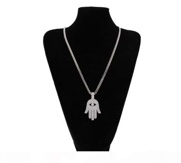 

e european and american hip hop micro set zircon hollowed -out eyes fatima hand pendant necklace, Silver
