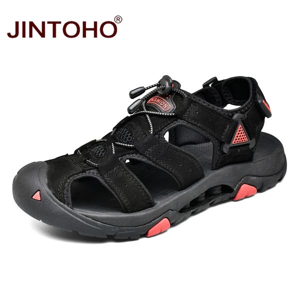 

jintoho summer men leather sandals fashion men genuine leather shoes outdoor sport sandal brand shose, Black