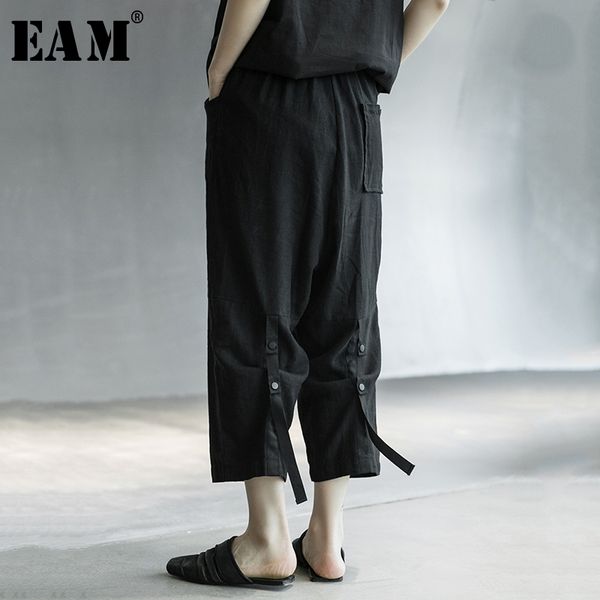 

[eam] high elastic waist balck back buckle linen harem trousers new loose fit pants women fashion tide spring summer 2020 1x019, Black;white