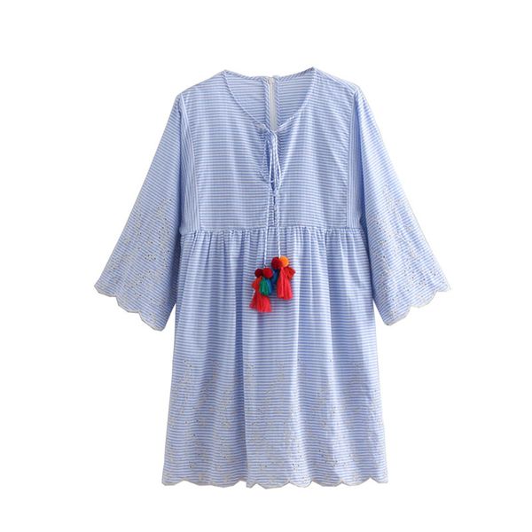 

women blue stripe bohemian dress tassels ball decoration seven sleeves loose button tie v-neck high waist knee length dress, Black;gray