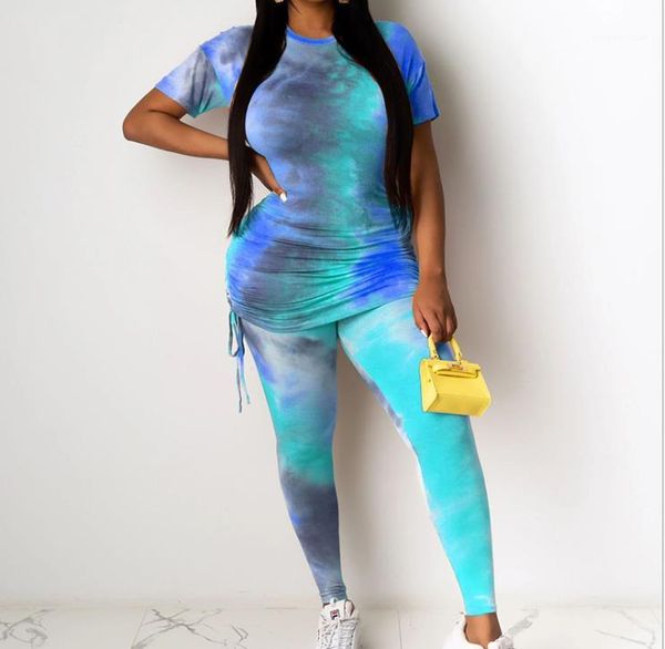 

summer 2pcs o-neck pleated tshirt with pencil pant suits women loose casual sets women rainbow tie dye tracksuits woman, White