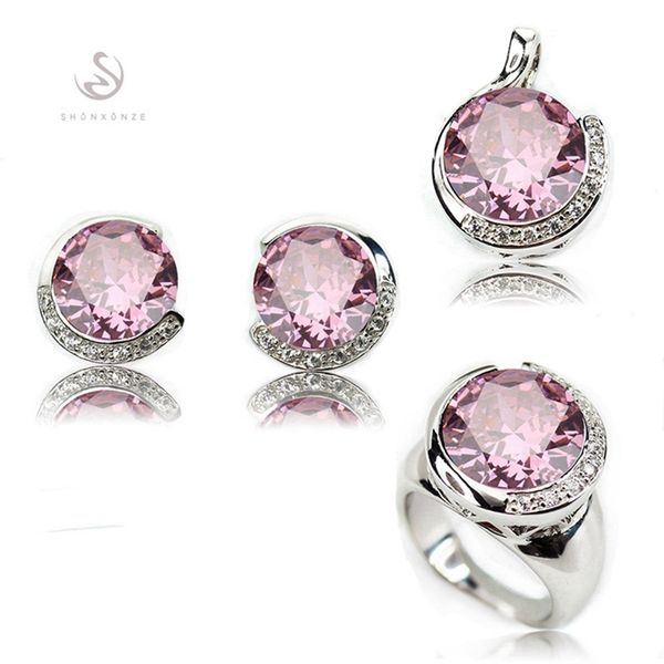 

shunxunze first class products wedding jewelry sets (ring/earring/pendant) for women pink cubic zirconia rhodium plated r861set size 6 7 8 9, Silver