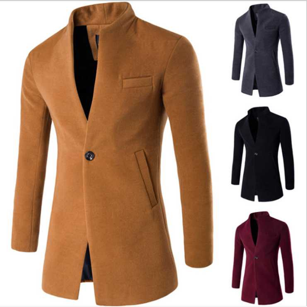 

men's wool & blends solid stand collar woolen overcoat single button long cardigan coat black grey red khaki casual fashion