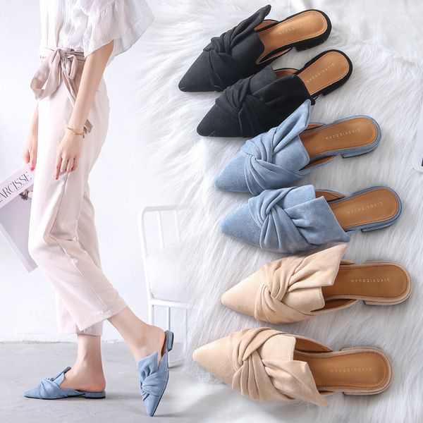 

designer big knot slippers women pointed toe flock sandals flat heel summer shoes woman flip flops bow slides women mules ly191129 cs03, Black