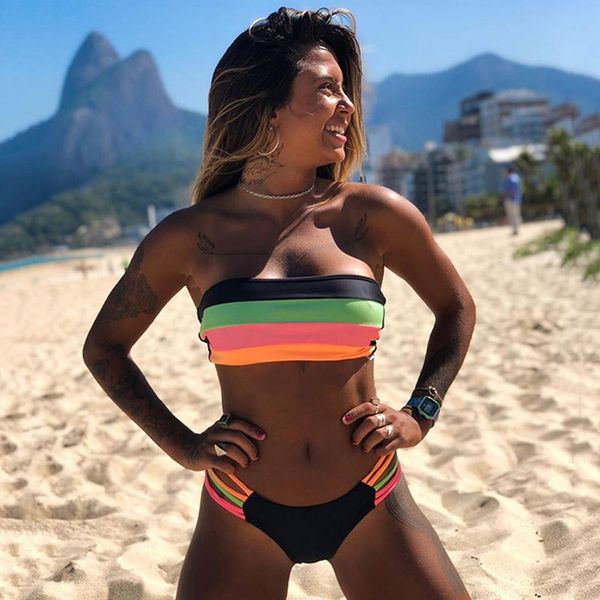 

solid spandex high leg bandeau bikini set 2020 swimwear female two pieces swimsuit high waist bikini women bathing suit biquini, White;black