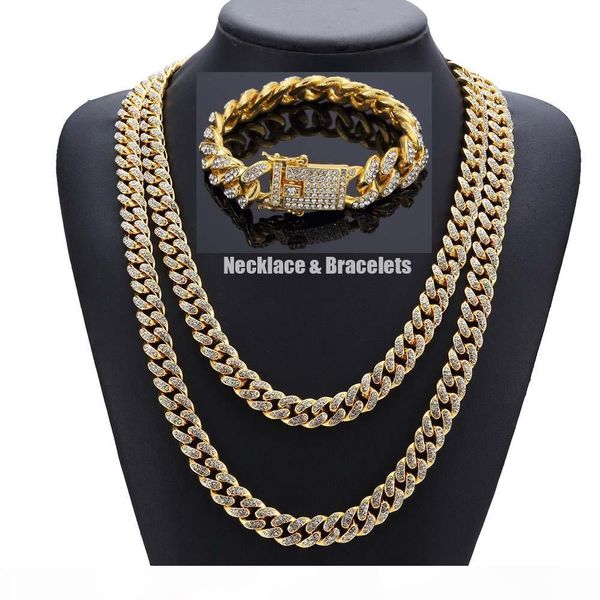 

hiphop bling bling jewelry sets 14k gold plated full cubic zirconia necklace bracelets men women miami cuban link chain iced out accessories, Silver