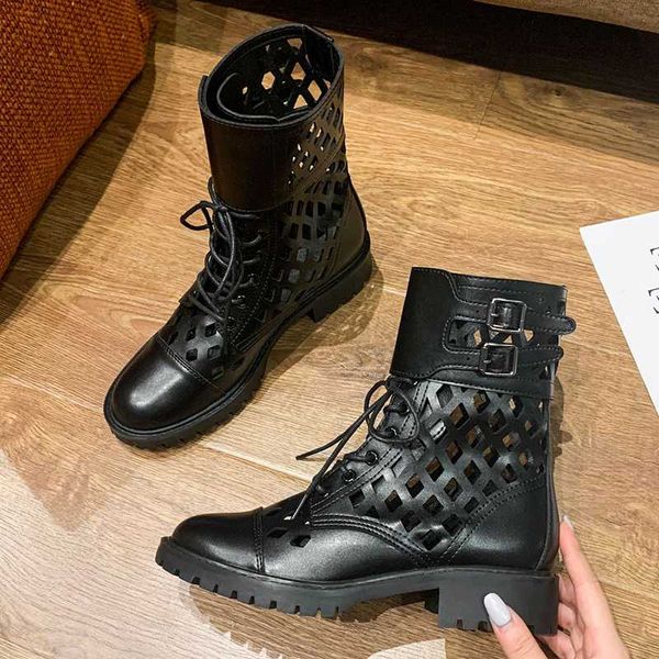 

новые короткие сапоги чистая женщина британский стиль 2020 лета толстого каблука водонепроницаемых платформы римская обувь полой дышащие бот, Black