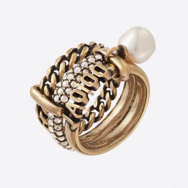 

c1973 european and american retro new index finger fashion high sense of multilayer pearl zircon chain luxury designer jewelry women ring, Silver