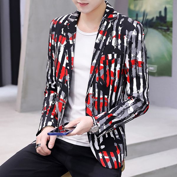 

2020 men's autumn fashion slim handsome suit youth autumn british casual printed blazer, White;black