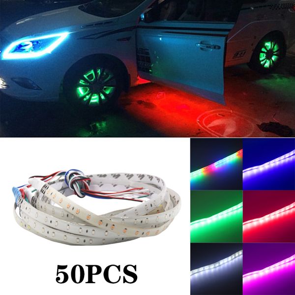 

50pcs car strip 30cm 60cm 18 modes flexible colorful decorative flowing lamp motor drl rgb angel eyes daytime running light 12v