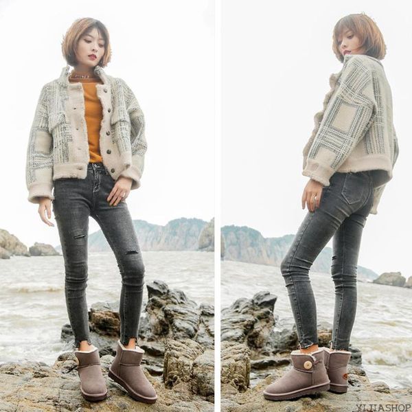 

new leather snow boots women's winter clothing new middle tube wooden buckle thick warm and waterproof snow cotton shoes women, Black