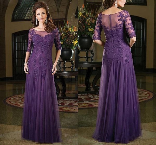 Sheer Neck meia manga Mãe da noiva vestidos appliqu noivo madrinha da festa de casamento Para Vestido Prom Mãe Vestido