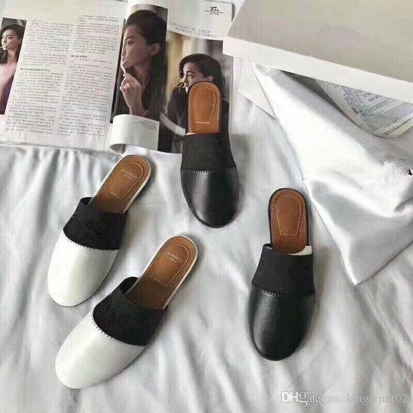 

2019 роскошных женщины кожи овчины женщина тапочки с письмом квартиры мулы слайды черным белым золотым проскальзывания на башмачок мула, Black