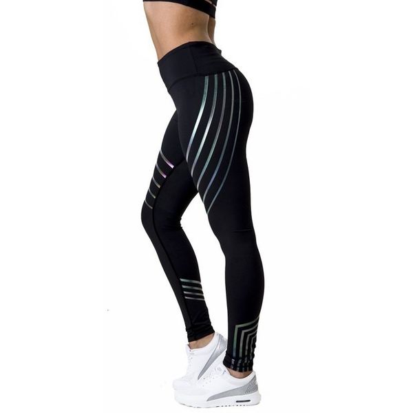 

new womens fitness workout leggings high waist polyester dark stripe glowing strips ladies spring fashion leggings, Black